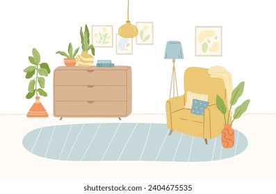 Flat cozy interior, living room with furniture and decor illustration, vector hand drawn design. Home decorations for modern interior. Stylish armchair, carpet, lamp, houseplant, dresser