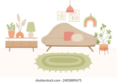 Flat cozy interior, living room with furniture illustration, vector hand drawn design. Home decorations for modern interior. Stylish sofa, carpet, couch, lamp, houseplant, dresser