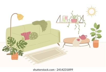 Flat cozy interior, living room with furniture and decor illustration, vector hand drawn design. Home decorations for modern interior. Stylish sofa, carpet, couch, lamp, houseplant,