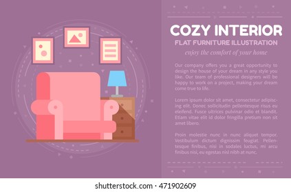 Flat cozy interior of a living room with soft armchair isolated on background. Banner template for advertisement and print design