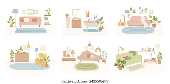 Flat cozy interiors bundle, living room with furniture and decor, bathroom, vector hand drawn design. Home decorations for modern interior. Minimalistic sofa, carpet, couch, lamp, houseplants,