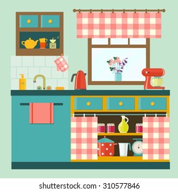 flat cozy kitchen in rustic style with window.vector illustration