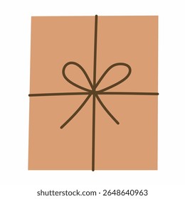 Flat cozy parcel box tied with a ribbon string in hand-drawn style. Ideal for gift wrapping, cozy branding, and handmade shop themes.