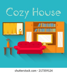 Flat cozy room in house with furniture background vector illustration concept