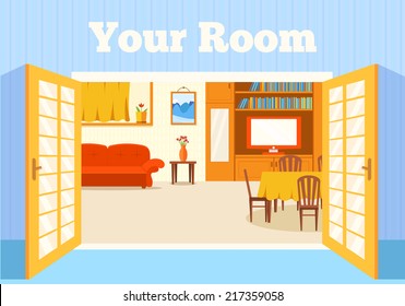 Flat cozy room in house with open doors background vector illustration concept