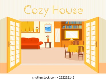 Flat cozy room in house with open doors background vector illustration concept