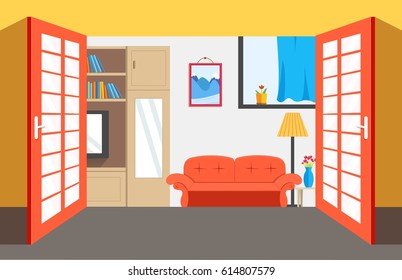 Flat cozy room in house with open doors background vector illustration concept
