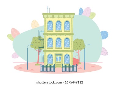 Flat Cozy Three-Story House Condominium Private Apartment Detached Residential Building Construction Design. Old Architecture. Fence And Garden Around. Fire Escape Ladder. Vector Illustration