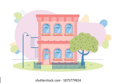 Flat Cozy Two-Story Condominium Detached Building. Comfort Construction Design for Several Habitants. Contemporary Countryside Architecture. House Facade Exterior. Vector Illustration