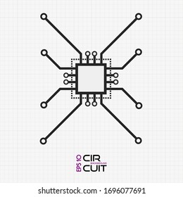 Flat CPU vector illustration. Circuit board chip icon on black and white grid. Abstract macro vector illustration. 