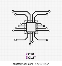 Flat CPU vector illustration. Circuit board chip icon on black and white grid. Abstract macro vector illustration. 