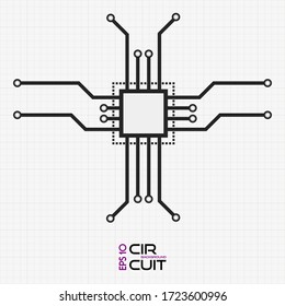 Flat CPU vector illustration. Circuit board chip icon on black and white grid. Abstract macro vector illustration. 