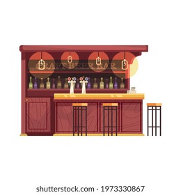 Flat craft beer bar counter with three stools on white background vector illustration