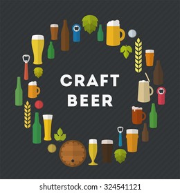 Flat craft beer illustration. Retro vector poster in flat style. Glasses, bottles, ingredients and accessories.