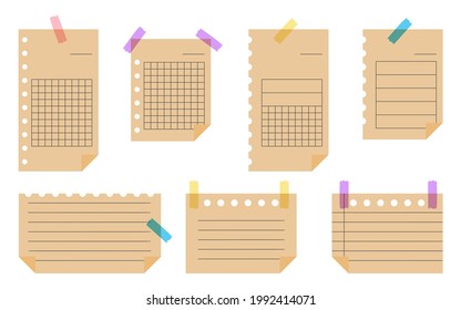 Flat craft paper set. Template empty lined note paper with adhesive tape. Sheet with different linear, and grid patterns. Office elements, blank notes notebook. Isolated on white vector illustration