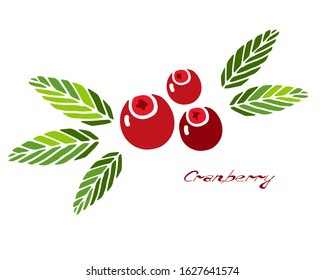 Flat cranberry icon. Logo illustration. Bright red berries and leaves on white background with lettering. Vector delicious dessert, element isolated illustration. Healthy food collection.