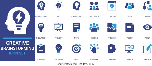 Conjunto de ícones de brainstorming criativo plano com ideia, inovação, discussão, mapa mental, solução, planejamento, esboço e símbolos de colaboração. Ideal para workshops, apresentações e design de interface do usuário.

