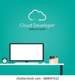 Flat creative design cloud developer template, cloud computing concept, vector illustration