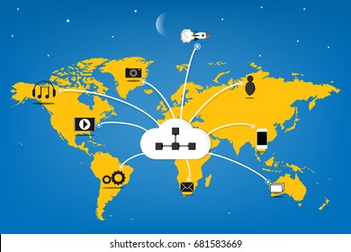 Flat creative design world map connection, cloud computing technology concept, vector illustration