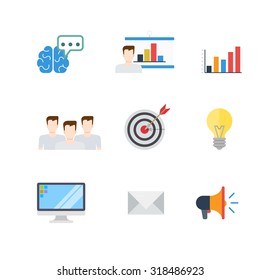 Flat creative digital marketing PR SEO infographic target email promotion conceptual vector icon set. Brain idea thinking brainstorming report man white board graphic team aim arrow lamp loudspeaker.