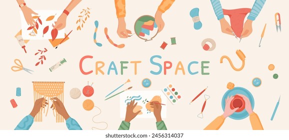 Flat creative DIY art class collection, cartoon hands create colorful craftwork painting group concept, handmade craft pottery workshop top view illustration, handicraft children hobby background.