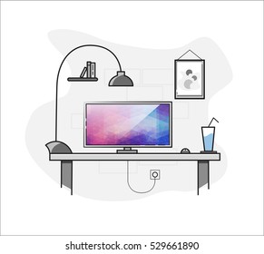 Flat creative home freelance desktop workspace.