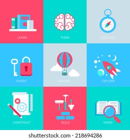 Flat creative people features design icons set learn think discover invent imagine explore construct build know education modern web click infographics style vector illustration concept collection.