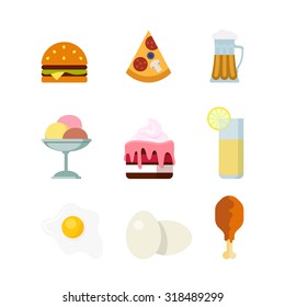 Flat creative style fast sweet food drink modern infographic vector icon set. Burger pizza beer ice cream cake lemonade egg chicken. Meal time icons collection.