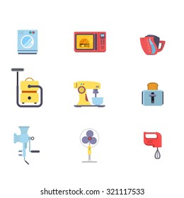Flat creative style kitchenware object home electronics modern infographic vector icon set. Washing machine microwave oven pot vacuum cleaner mixer toaster meat grinder vent. Kitchen icons collection.