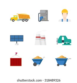 Flat creative style modern heavy industry infographics vector icon set. Truck gas refill station builder sun battery panel chimney vises clutches wheelbarrow container. Construction icons collection.