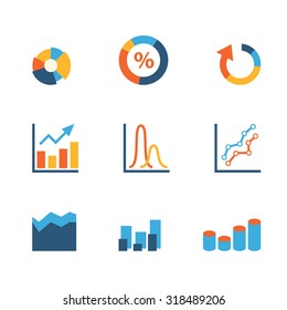 Flat Creative Style Modern Infographic Data Stats Graphic Web Vector Icon Set. Pie Chart Bar Area Cone Line Percent Graphics. Business Finance Statistics Website Icons Collection.