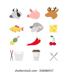 Flat creative style modern misc food infographic vector icon set. Cow pig deer fish lamb cheese olive pepper cherry sushi sticks coffee. Meal time icons collection.