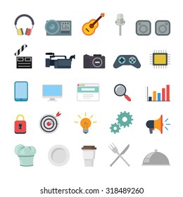 Flat creative style modern misc media production promotion cooking infographic vector icon set. Miscellaneous icons collection.