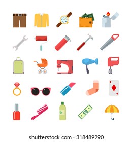 Flat creative style modern misc lifestyle clothing tools infographic vector icon set. Shorts sweater watch wallet lighter wrench hummer pram sewing machine lipstick ring. Life style icons collection.