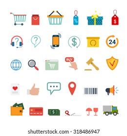 Flat creative style online shopping auction mobile app modern infographic vector icon set. Application icons collection.