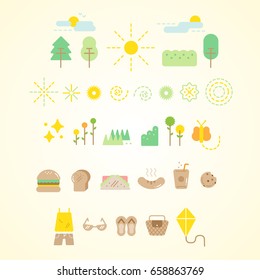 flat creative vector for the spring season, weather, food, clothes, and activity. Using as icon, sign, symbol or decorative.