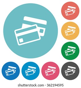 Flat credit card icon set on round color background.