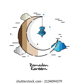Flat Crescent Moon With Hanging Lantern And Clouds On White Background For Ramadan Kareem Concept.