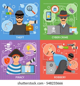 Flat Crime Concept With Property Money Theft Virus Attack Threats Intellectual Information Stealing Vector Illustration