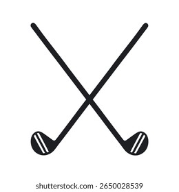 Flat crossed golf clubs vector icon with clean silhouette design representing golf sport, tournament logo, athletic club branding, leisure equipment and outdoor game
