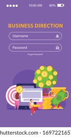 Flat crowdfunding background with login form and people collecting money for business ideas vector illustration