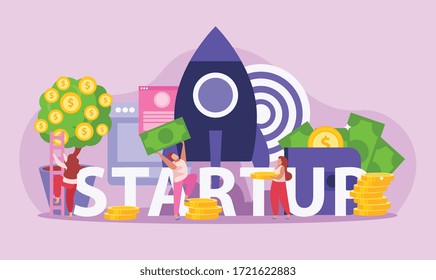 Composición de crowdfunding plano con cohetes y personas recaudando dinero para la ilustración de los vectores de inicio