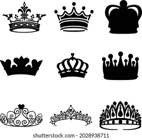 Flat Crown icons. Queen king crowns luxury royal crowning princess tiara heraldic winner award jewel royalty monarch black flat silhouette, Heraldry elements