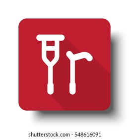 Flat Crutch Cane web icon on red button with drop shadow