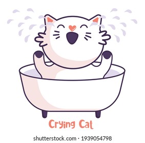 Flat Crying Cat, cartoon. Child vector. Perfect for Nursery kids, greeting card, baby shower girl, fabric design.