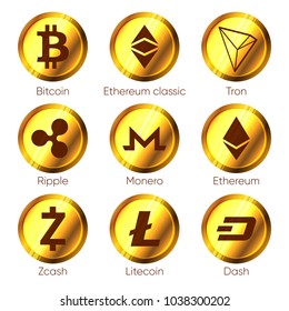 Flat cryptocurrencies icons of zcash, dash, tron, bitcoin, ethereum, ripple, monero and litecoin on white background. Symbols for ui, web, social media designs