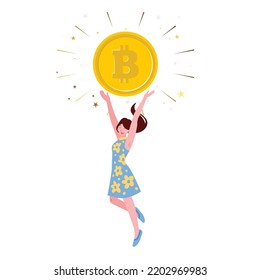 Flat cryptocurrency Bitcoin illustration with woman cartoon people