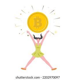 Flat cryptocurrency Bitcoin illustration with woman cartoon people