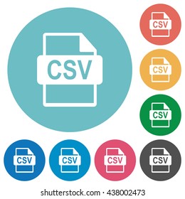 Flat CSV file format icon set on round color background.