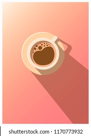 Flat cup of coffee with foam. Minimalistic cup of latte with long shadow on gradient vector background. Cappuccino, view from above. Poster illustration.